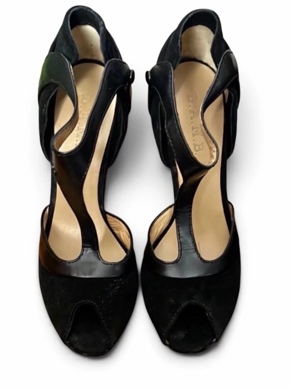 L.A.M.B. Elegant Black T Strap Suede/Leather Peep Toe Pumps Size 7.5 - Picture 2 of 8